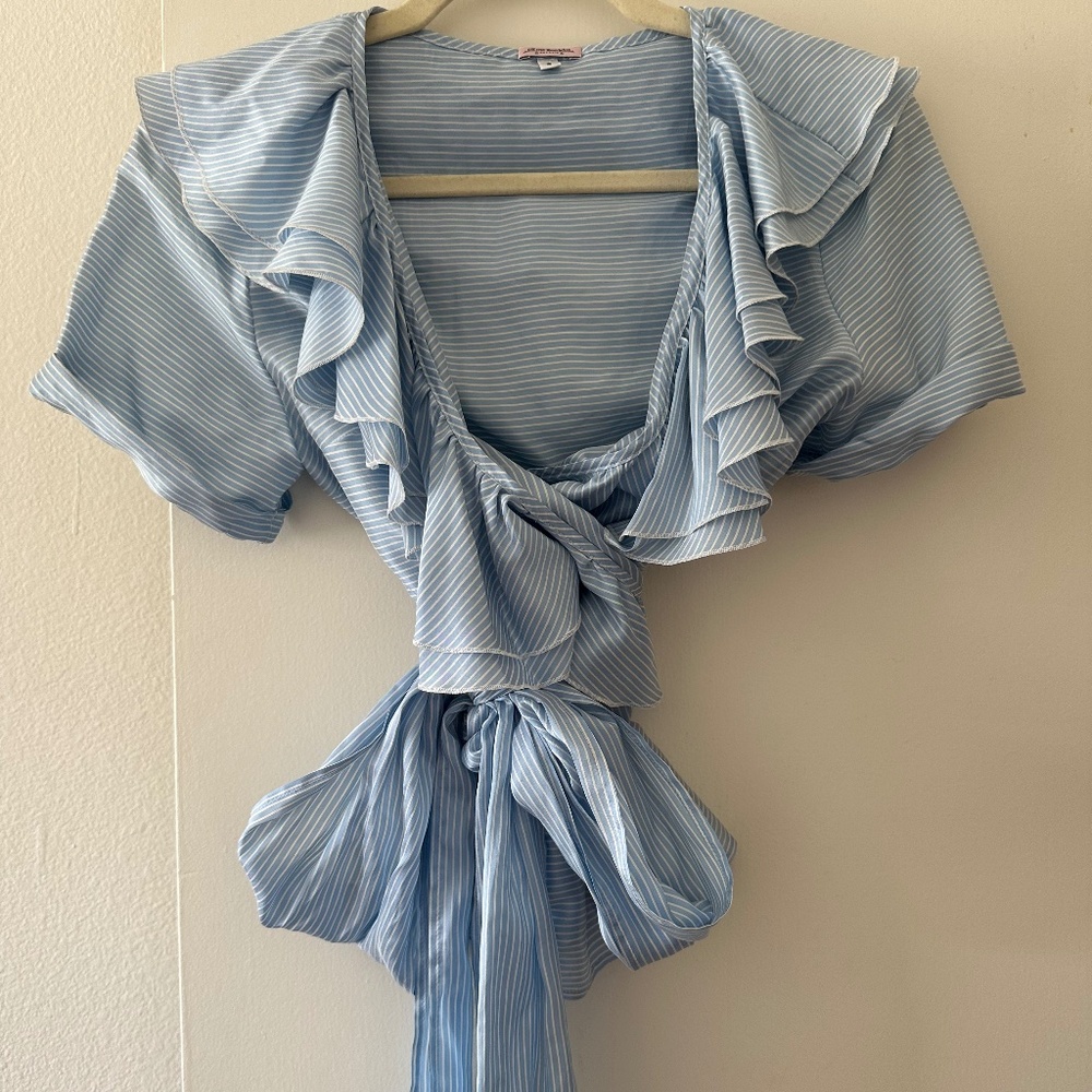 Lena Hoschek SS 2013 100% Silk Baby Blue Pinstripe Ruffle Wrap Blouse